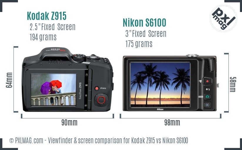 Kodak Z915 vs Nikon S6100 Screen and Viewfinder comparison