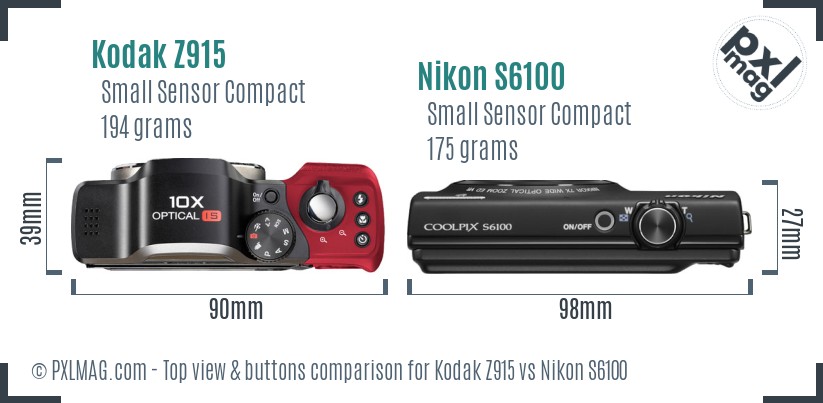 Kodak Z915 vs Nikon S6100 top view buttons comparison
