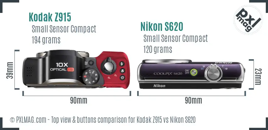 Kodak Z915 vs Nikon S620 top view buttons comparison