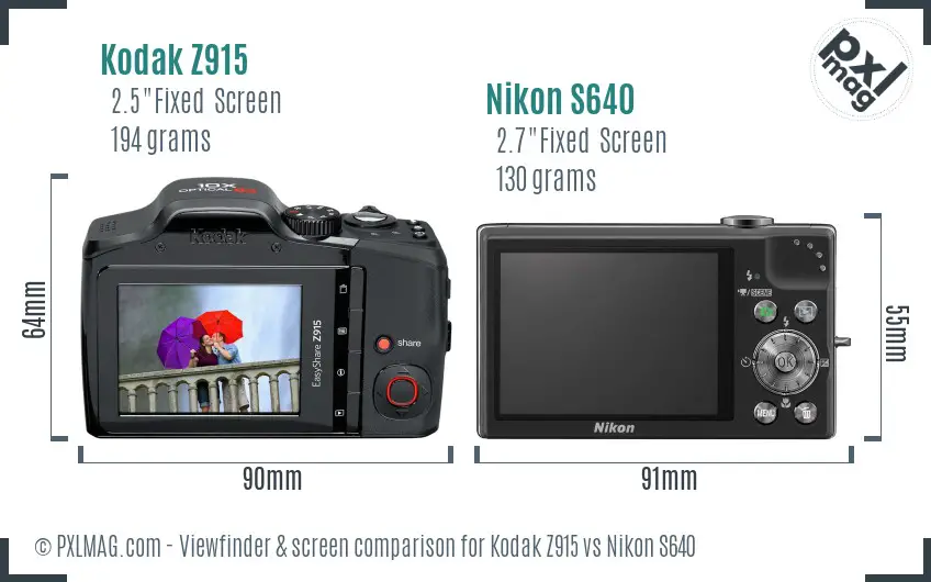 Kodak Z915 vs Nikon S640 Screen and Viewfinder comparison