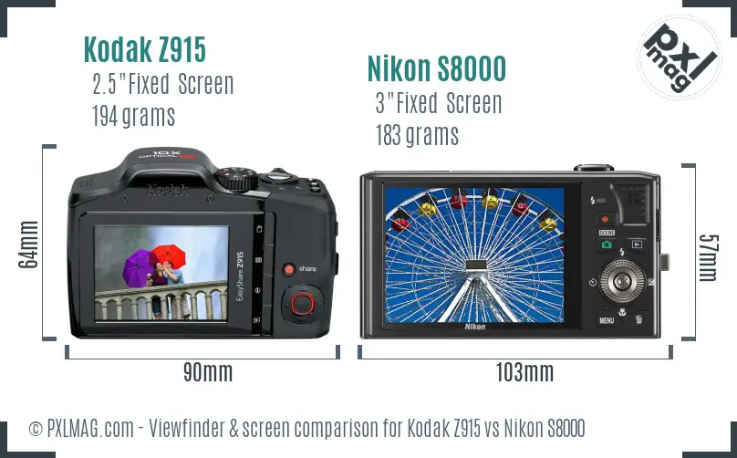 Kodak Z915 vs Nikon S8000 Screen and Viewfinder comparison