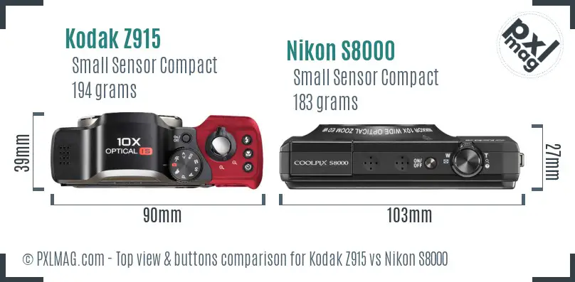 Kodak Z915 vs Nikon S8000 top view buttons comparison