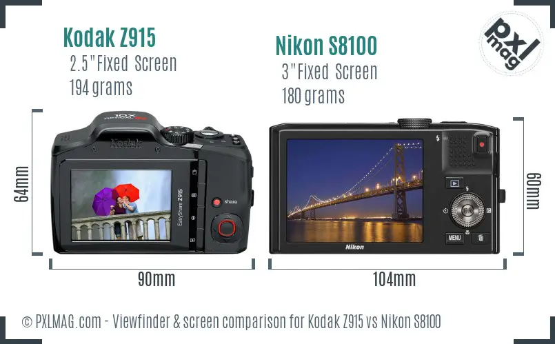 Kodak Z915 vs Nikon S8100 Screen and Viewfinder comparison
