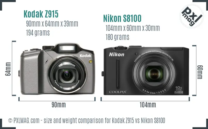 Kodak Z915 vs Nikon S8100 size comparison