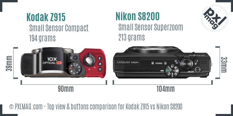 Kodak Z915 vs Nikon S8200 top view buttons comparison