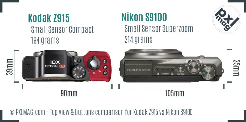 Kodak Z915 vs Nikon S9100 top view buttons comparison Kodak Z915 vs Nikon S9100 top view buttons comparison