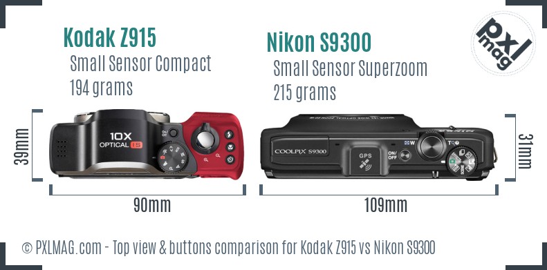 Kodak Z915 vs Nikon S9300 top view buttons comparison