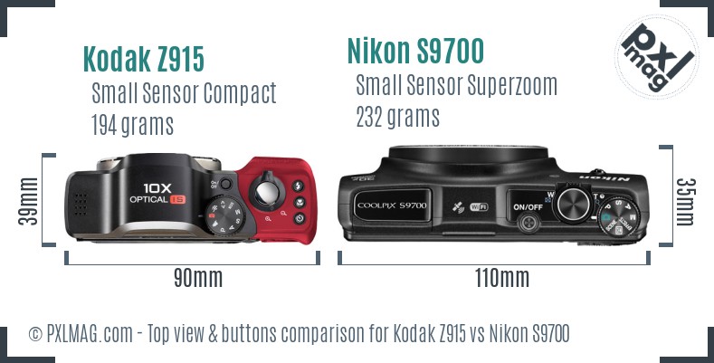 Kodak Z915 vs Nikon S9700 top view buttons comparison
