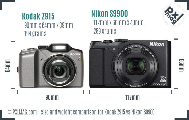Kodak Z915 vs Nikon S9900 size comparison