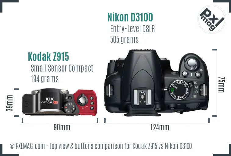 Kodak Z915 vs Nikon D3100 top view buttons comparison Kodak Z915 vs Nikon D3100 top view buttons comparison