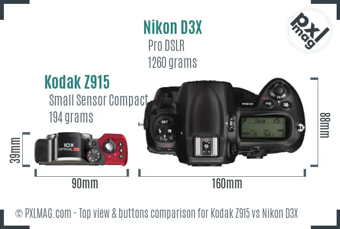 Kodak Z915 vs Nikon D3X top view buttons comparison