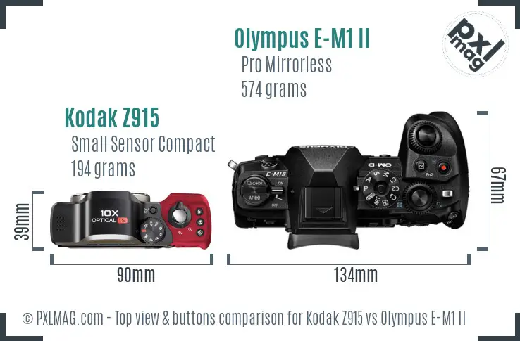 Kodak Z915 vs Olympus E-M1 II top view buttons comparison