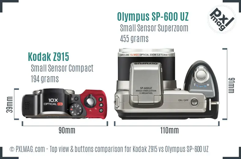 Kodak Z915 vs Olympus SP-600 UZ top view buttons comparison Kodak Z915 vs Olympus SP-600 UZ top view buttons comparison
