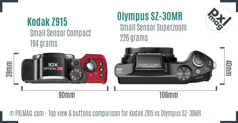 Kodak Z915 vs Olympus SZ-30MR top view buttons comparison