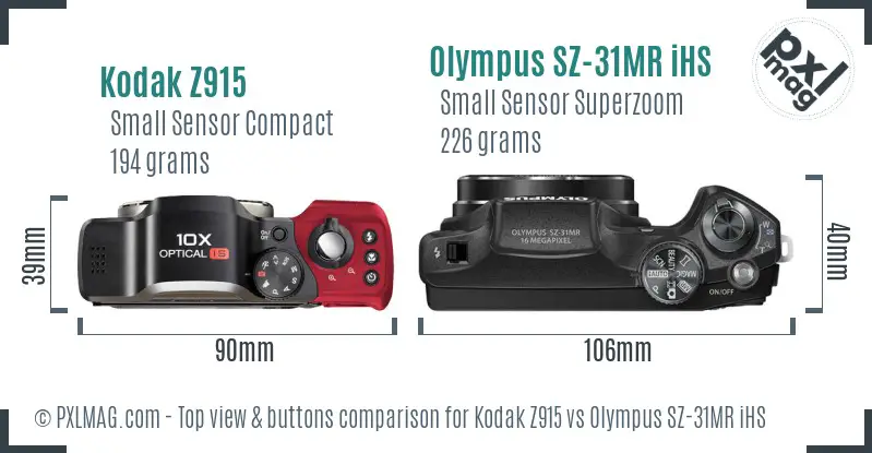 Kodak Z915 vs Olympus SZ-31MR iHS top view buttons comparison Kodak Z915 vs Olympus SZ-31MR iHS top view buttons comparison
