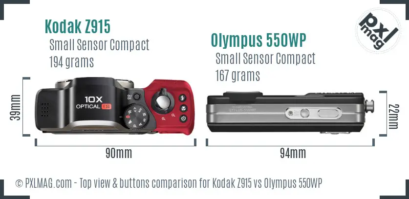 Kodak Z915 vs Olympus 550WP top view buttons comparison Kodak Z915 vs Olympus 550WP top view buttons comparison