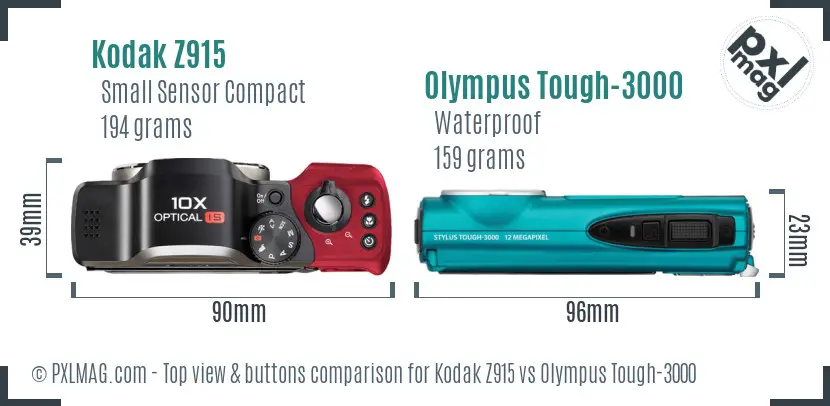Kodak Z915 vs Olympus Tough-3000 top view buttons comparison