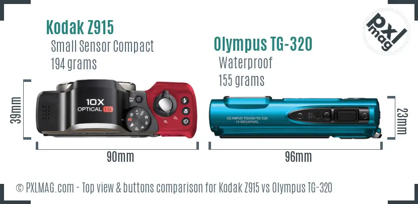 Kodak Z915 vs Olympus TG-320 top view buttons comparison