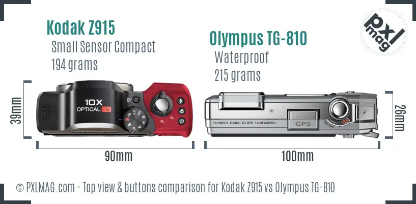 Kodak Z915 vs Olympus TG-810 top view buttons comparison