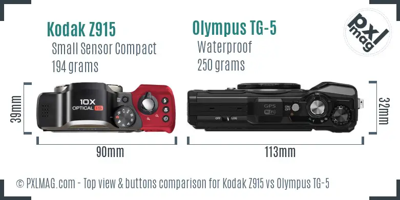 Kodak Z915 vs Olympus TG-5 top view buttons comparison