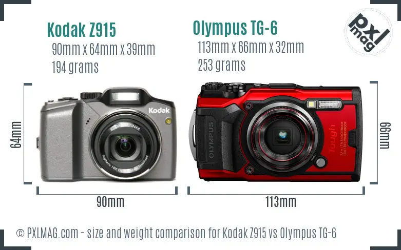 Kodak Z915 vs Olympus TG-6 size comparison