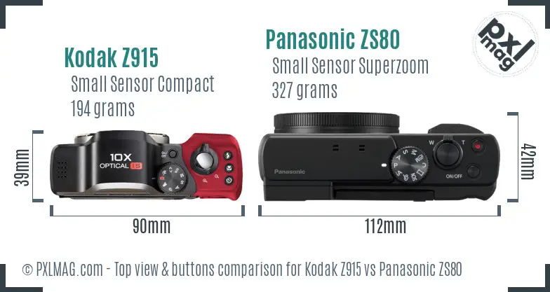 Kodak Z915 vs Panasonic ZS80 top view buttons comparison Kodak Z915 vs Panasonic ZS80 top view buttons comparison