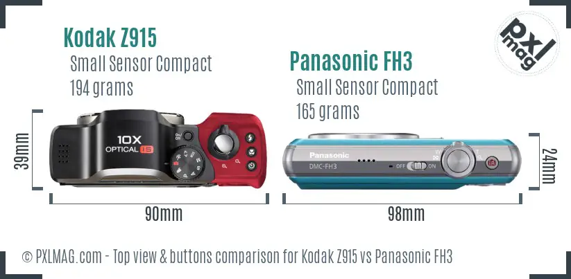 Kodak Z915 vs Panasonic FH3 top view buttons comparison