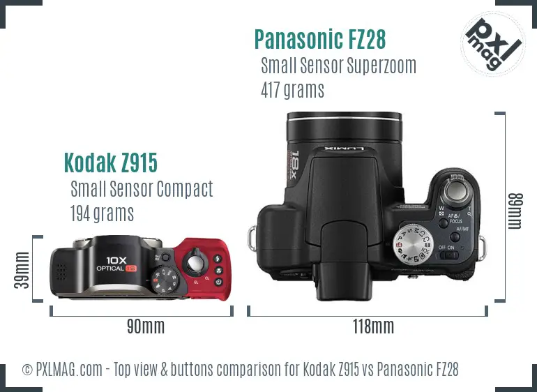 Kodak Z915 vs Panasonic FZ28 top view buttons comparison Kodak Z915 vs Panasonic FZ28 top view buttons comparison