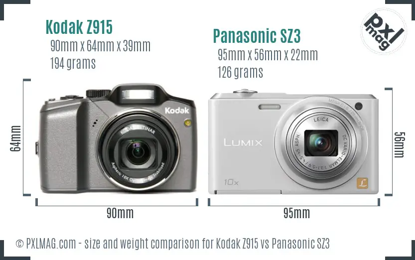 Kodak Z915 vs Panasonic SZ3 size comparison