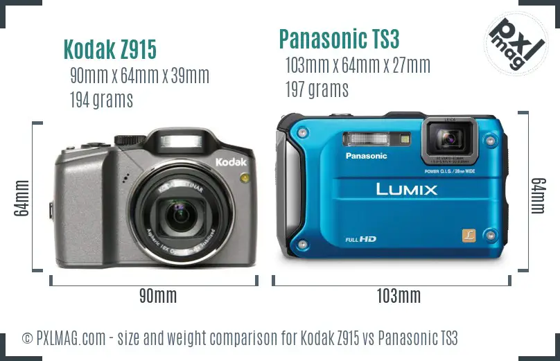 Kodak Z915 vs Panasonic TS3 size comparison
