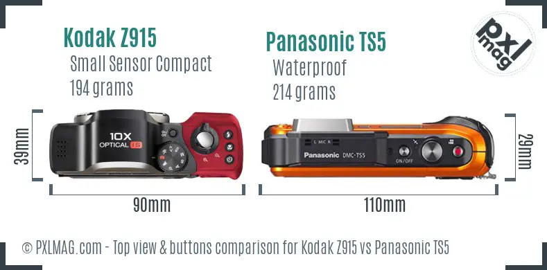 Kodak Z915 vs Panasonic TS5 top view buttons comparison Kodak Z915 vs Panasonic TS5 top view buttons comparison