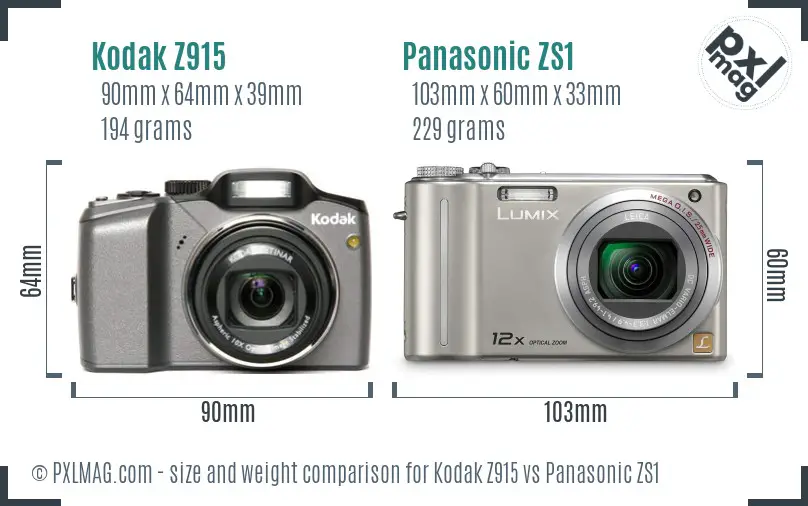 Kodak Z915 vs Panasonic ZS1 size comparison