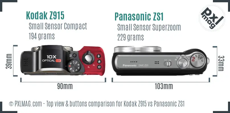 Kodak Z915 vs Panasonic ZS1 top view buttons comparison