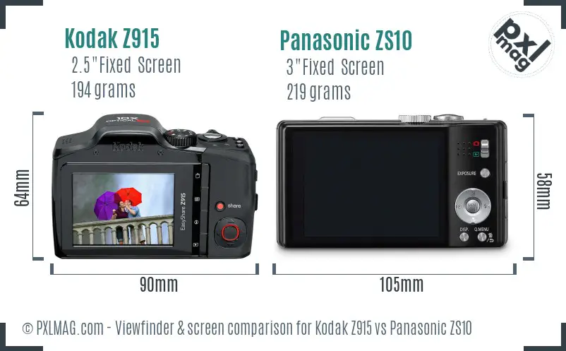 Kodak Z915 vs Panasonic ZS10 Screen and Viewfinder comparison