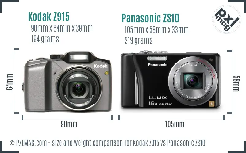 Kodak Z915 vs Panasonic ZS10 size comparison