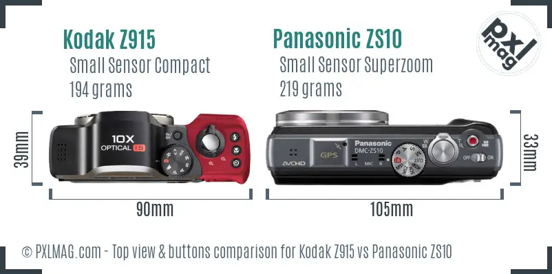 Kodak Z915 vs Panasonic ZS10 top view buttons comparison