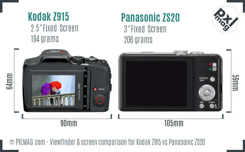 Kodak Z915 vs Panasonic ZS20 Screen and Viewfinder comparison