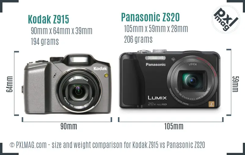 Kodak Z915 vs Panasonic ZS20 size comparison