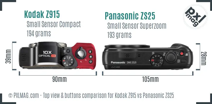 Kodak Z915 vs Panasonic ZS25 top view buttons comparison Kodak Z915 vs Panasonic ZS25 top view buttons comparison