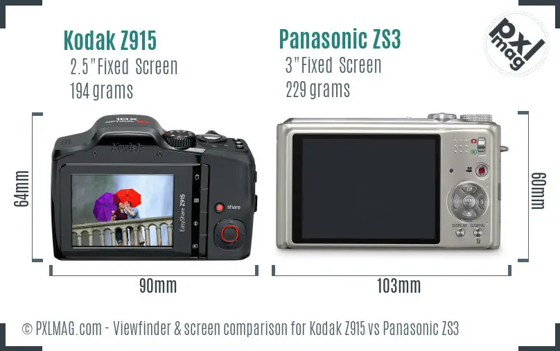 Kodak Z915 vs Panasonic ZS3 Screen and Viewfinder comparison