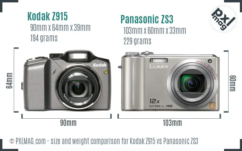 Kodak Z915 vs Panasonic ZS3 size comparison