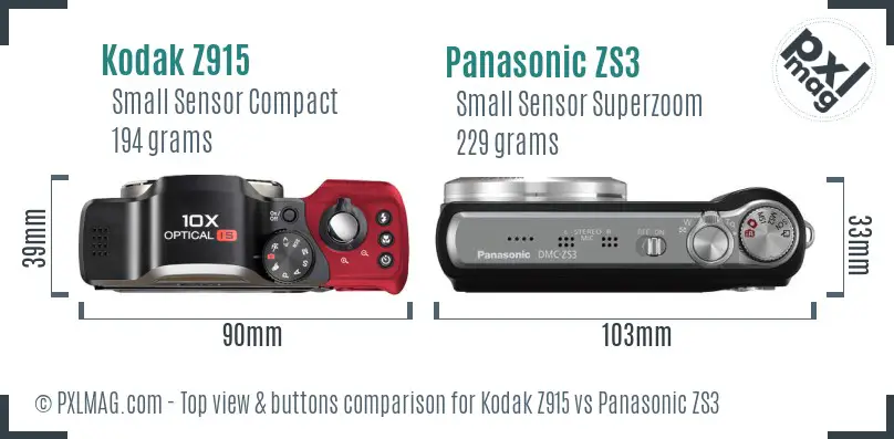 Kodak Z915 vs Panasonic ZS3 top view buttons comparison