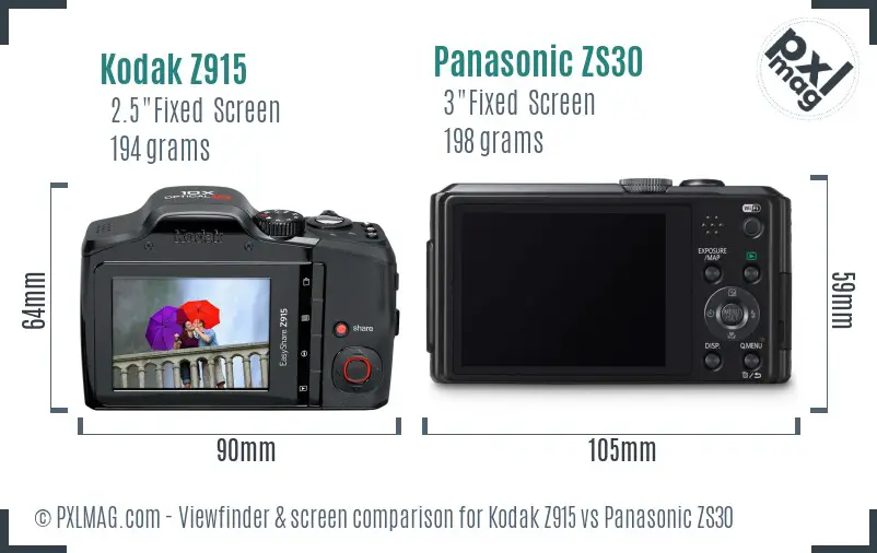 Kodak Z915 vs Panasonic ZS30 Screen and Viewfinder comparison