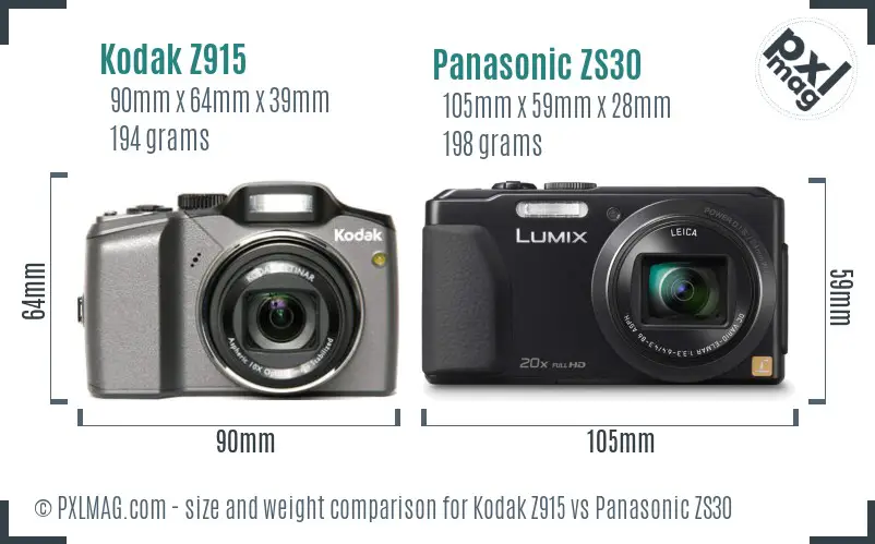Kodak Z915 vs Panasonic ZS30 size comparison