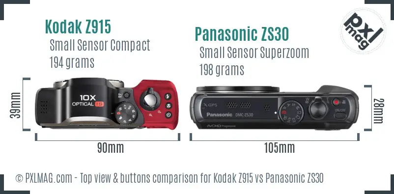 Kodak Z915 vs Panasonic ZS30 top view buttons comparison