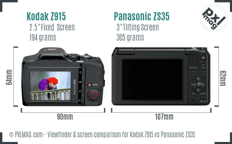 Kodak Z915 vs Panasonic ZS35 Screen and Viewfinder comparison