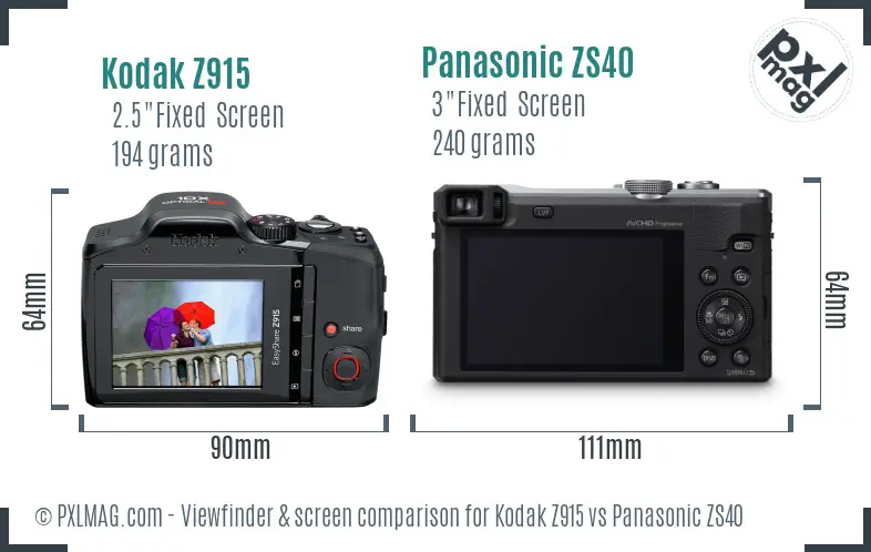 Kodak Z915 vs Panasonic ZS40 Screen and Viewfinder comparison