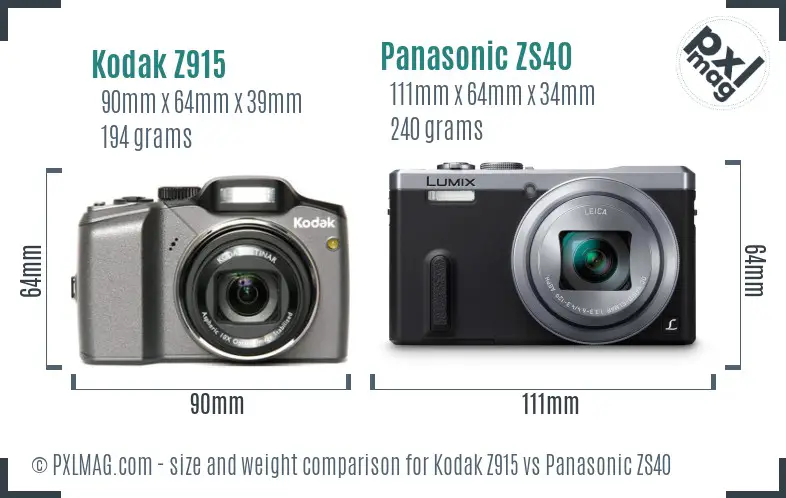 Kodak Z915 vs Panasonic ZS40 size comparison