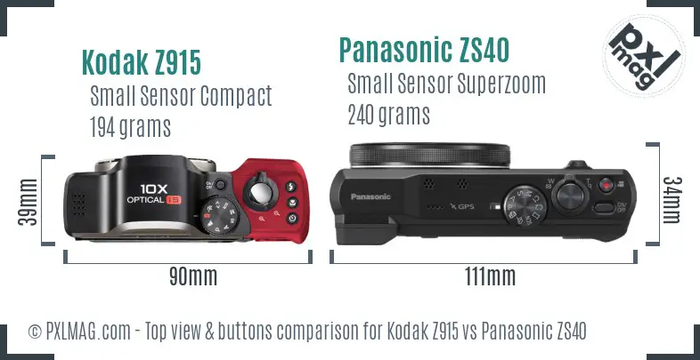 Kodak Z915 vs Panasonic ZS40 top view buttons comparison