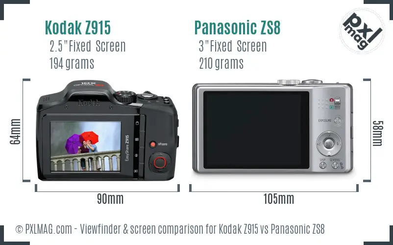 Kodak Z915 vs Panasonic ZS8 Screen and Viewfinder comparison